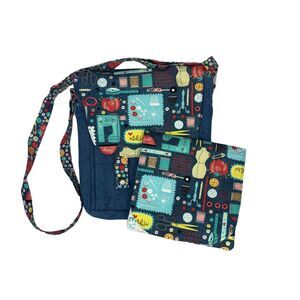 Sew Print Patchwork Denim Crossbody Bag Novelty Purse with Matching Clutch
